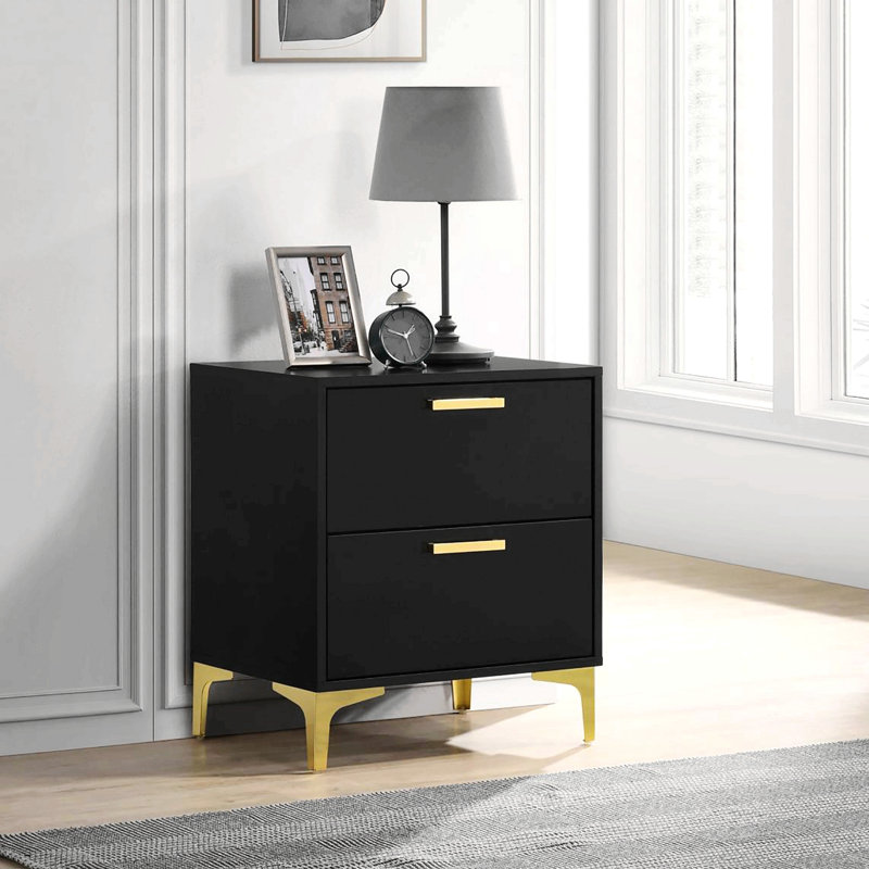 White And Gold Two-Drawer Rectangular Nightstand, Black