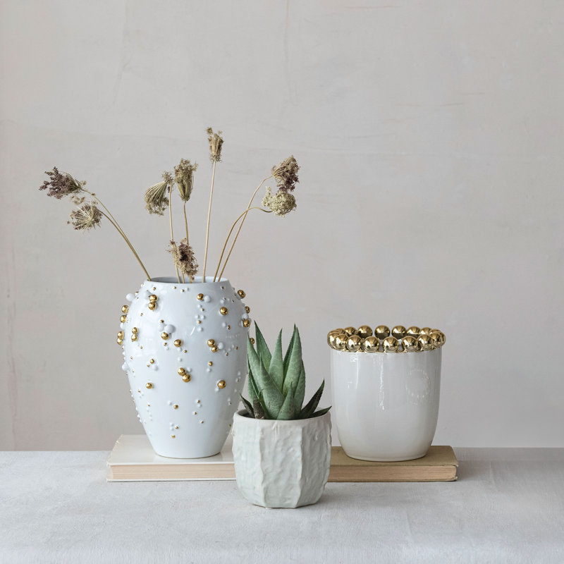 Stoneware Planter/Vase With Gold Electroplated Ball Rim