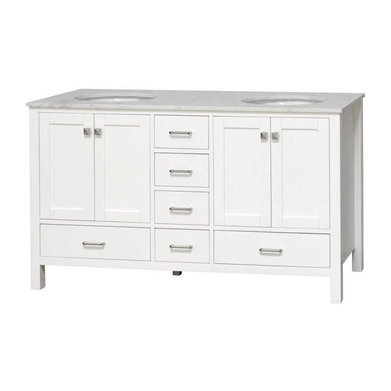 Claudett 60'' Double Bathroom Vanity with Top, White, Engineered Carrara