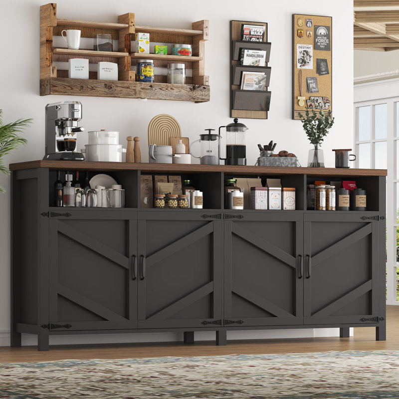63" Buffet Sideboard With 4 Doors And Open Storage, Large Farmhouse Kitchen Storage Cabinet, Coffee Bar Cabinet With Adjustable Shelves For Dining Room, Entryway, Sideboard Cabinet, Black And Walnut