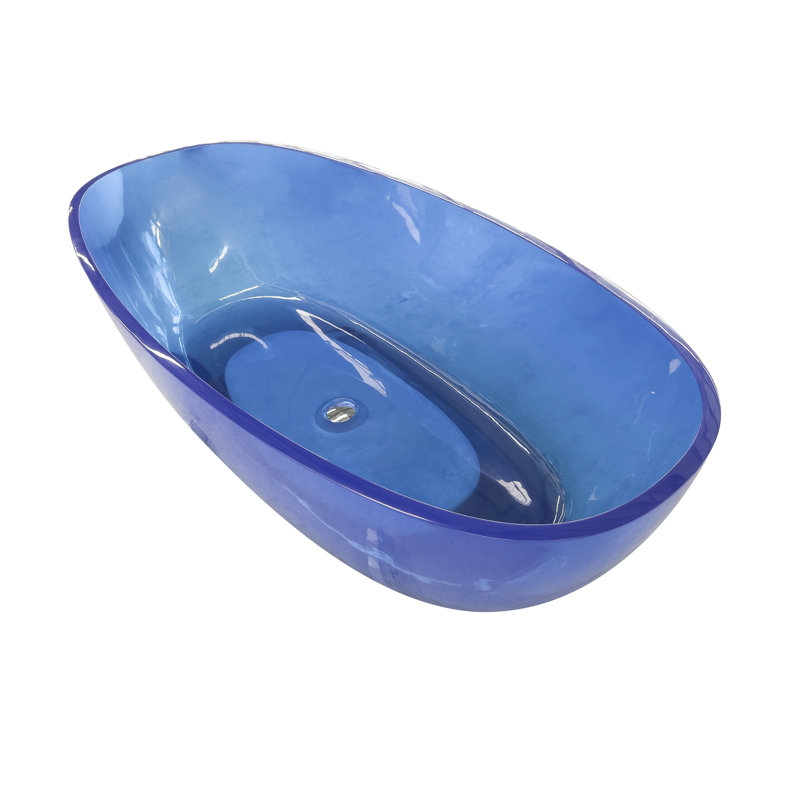 65 Inch Freestanding Soaking Bathtub, Transparent Blue, Oval, Resin, And Safe 64 Blue Oval Freestanding, Soaking, For Bathroom Modern Style
