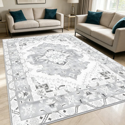Tapis à motif floral bohémien à motif de médaillon gris vieilli de 1 pièce pour le salon, doux et confortable, convient à toutes les saisons, facile à entretenir, lavable à la machine, convient à la salle à manger, la chambre à coucher, la cuisine, le vestibule, le patio, la décoration intérieure et extérieure.