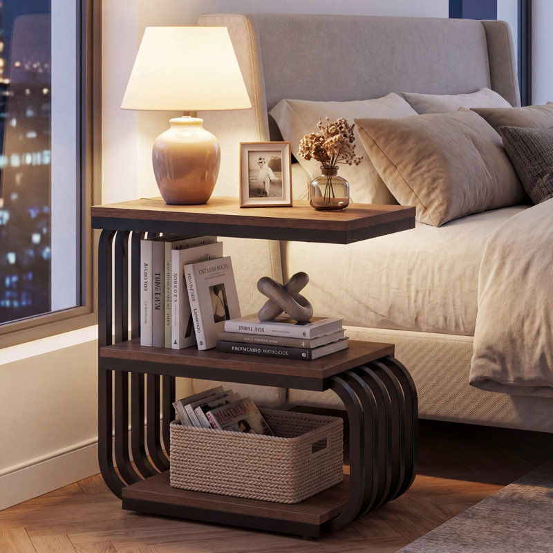 Table de chevet à 3 niveaux avec rangement, table de chevet en C de 25,59 po pour la chambre à coucher, Brun, Individuel