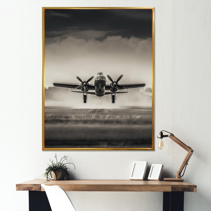 Neavins gris et atterrissage en avion - art mural avion, H 40 po x l 30 po x P 1,5 po, Cadre flottant doré