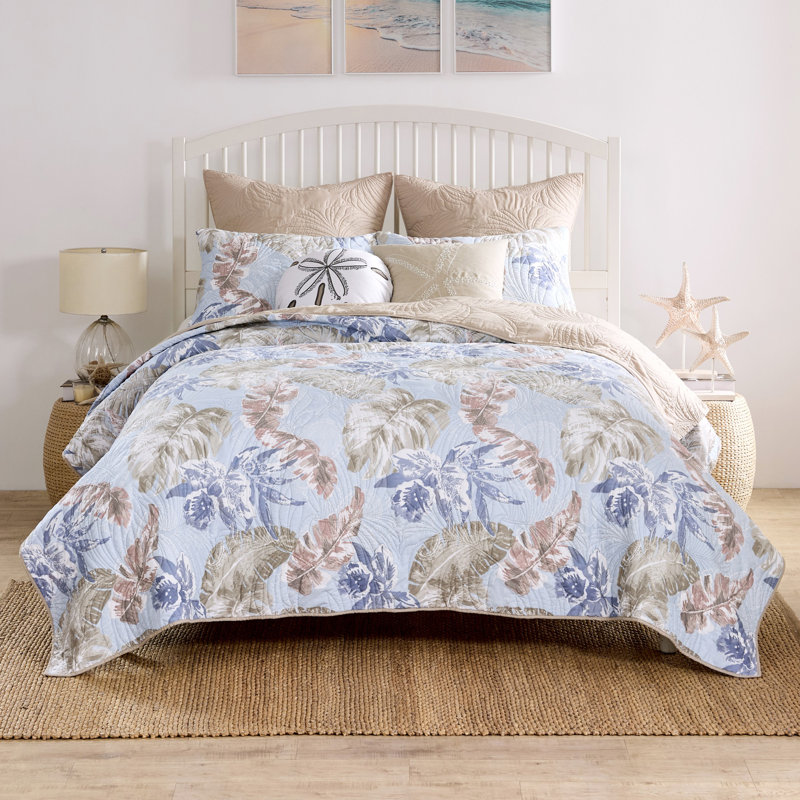 Mist Blue and Khaki Reversible Microfiber Full Quilt Set