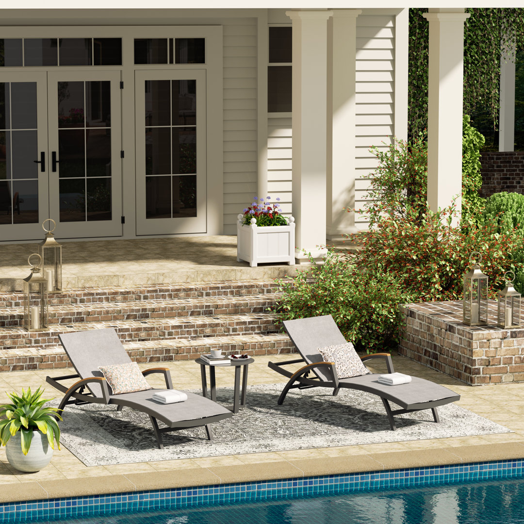 Chambray Patio Aluminum Chaise Lounge Chairs With Phifertex Sling Fabric And Side Table Peak Home Furnishings