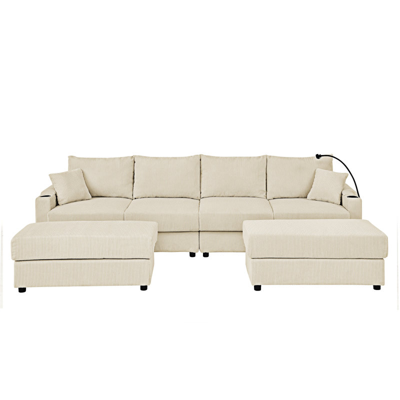 Canapé avec repose-pieds, porte-gobelets et porte-téléphone, Velours côtelé beige