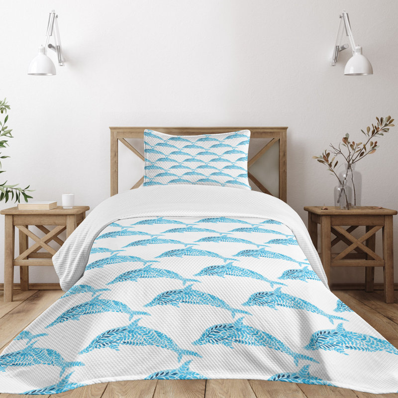 Twin White Quilted Bedspread Set with Blue Dolphins