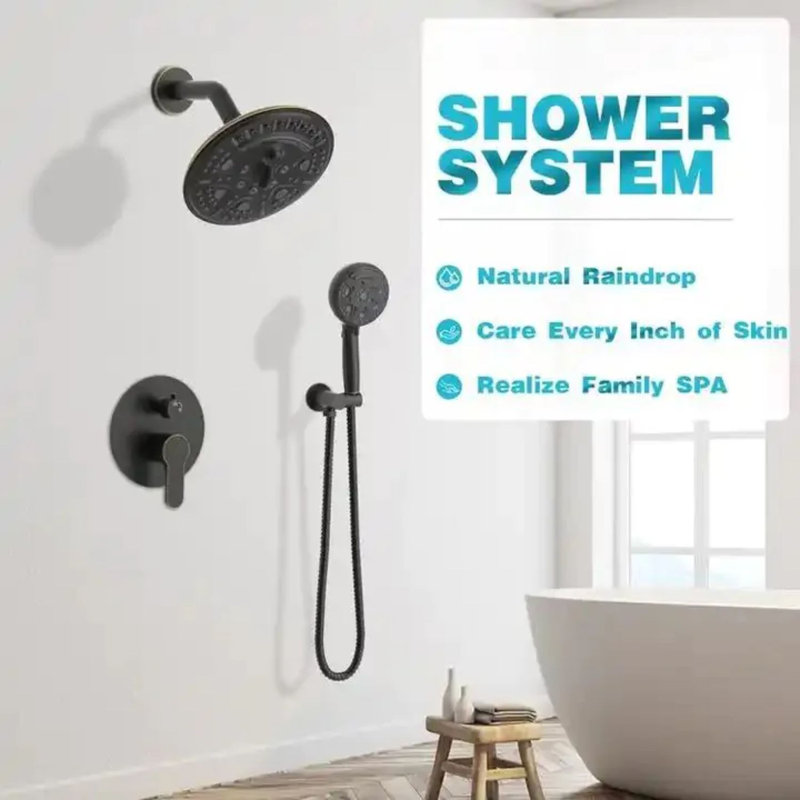 Robinet de douche mural noir mat avec pomme de douche ronde et poignée simple Juno