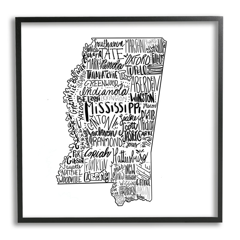 «Mississippi Typographie Shape State Map», estampe numérique texturée par le samedi soir, Giclée encadrée noir minuit