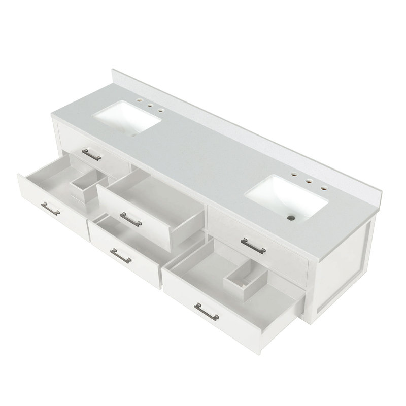 Meuble-lavabo double avec comptoir en quartz blanc, Blanc