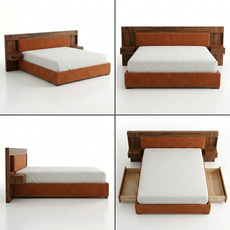 Modern Upholstered Platform Bed with Built-in Storage, Queen, Ochre Linen, Ocher, Queen