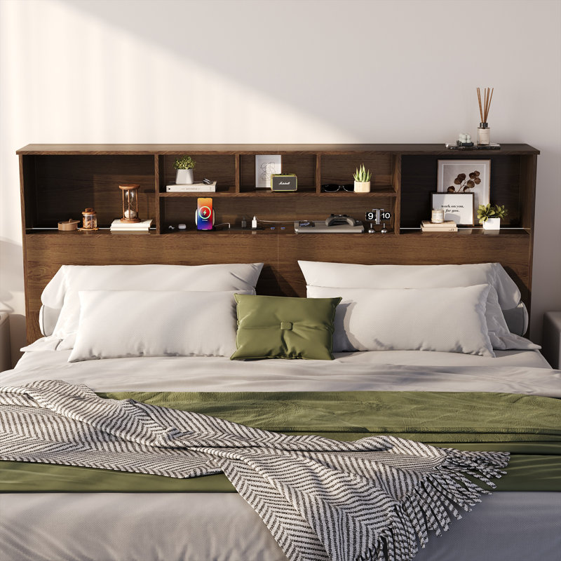 Modern Wooden Bookcase Headboard with Adjustable LED Lights & Charging Station – Queen & King Sizes, Scroll Down for Assembly Video