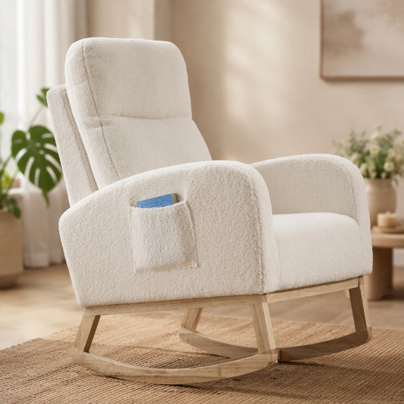Chaise berçante avec pieds en bois massif, chaise berçante Modern, Ourson blanc