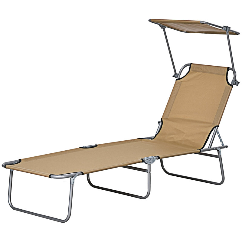 Outdoor Adjustable Folding Chaise Lounge Tanning Chair With Sun Shade, Tan