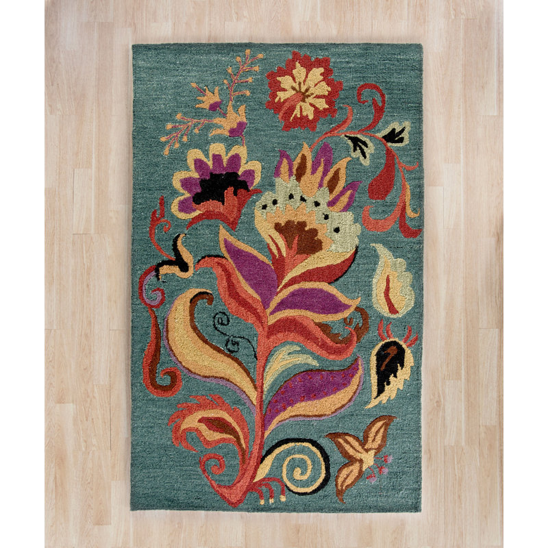 Jahiem Hand Tufted Wool Blue / Multi Area Rug, Rectangle 3' x 5'