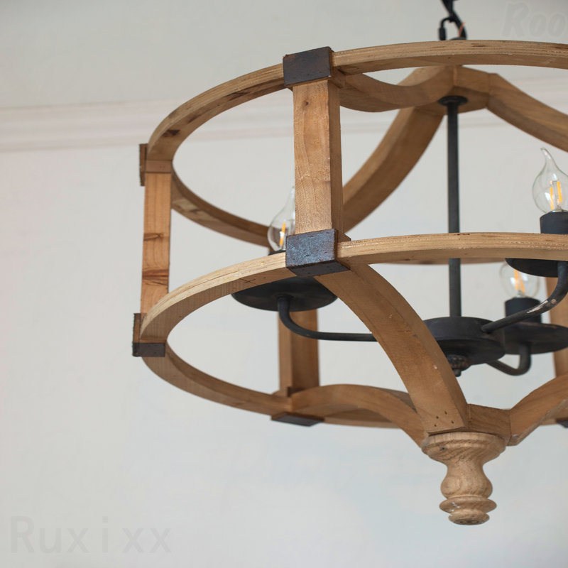 Lustre - luminaire suspendu tambour en bois 3 lumières, chaîne réglable