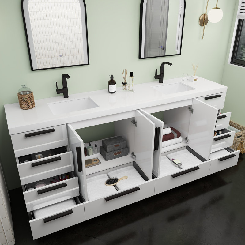 Carla Freestanding Bathroom Vanity with Double Sink, Gloss White, 83"