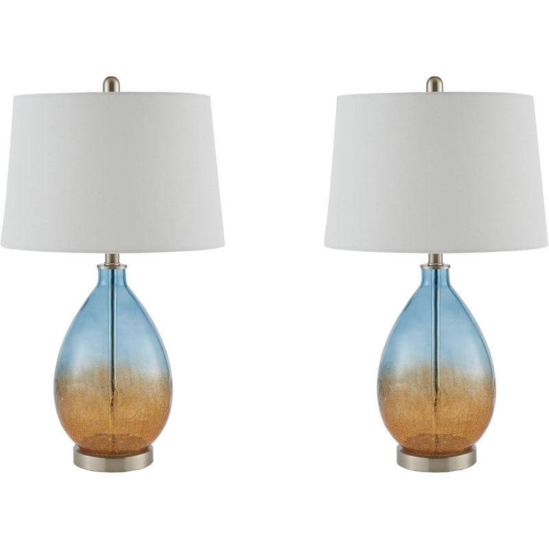 Set Of 2 Modern Table Lamps With Ombre Crackled Glass Base, Tapered Drum Shade, And Rotary On/Off Switch, Perfect For Bedside Or Study Lighting