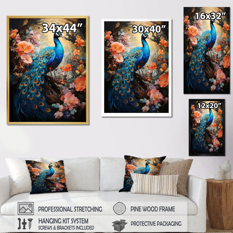 Wrinkle Peacock lumineux sur toile, Cadre photo noir, H 20 po x l 12 po x P 1 po