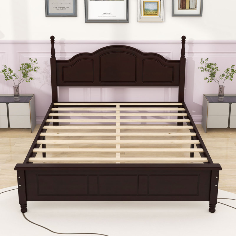Vintage-Inspired Wooden Platform Bed with Unique Headboard, Queen, Dark Walnut