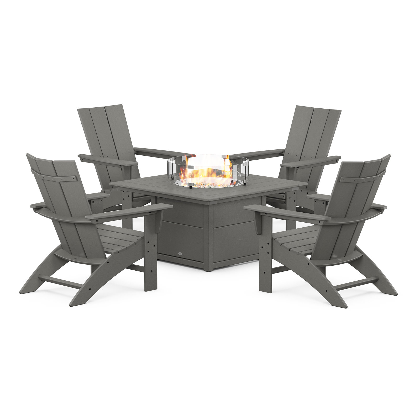 POLYWOOD Modern Curveback Adirondack 5-Piece Conversation Set with Fire Pit Table, Slate Gray
