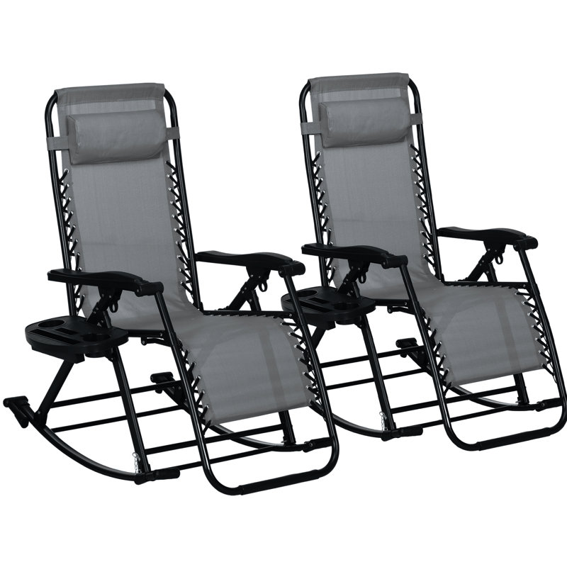 Chaises berçantes d'extérieur pliables, 2 chaises berçantes zéro gravité avec coussin, porte-gobelet et support pour téléphone, gris. Structure en acier, tissu respirant. Assemblage - Fauteuil inclinable gris, fabriqué et résistant aux intempéries