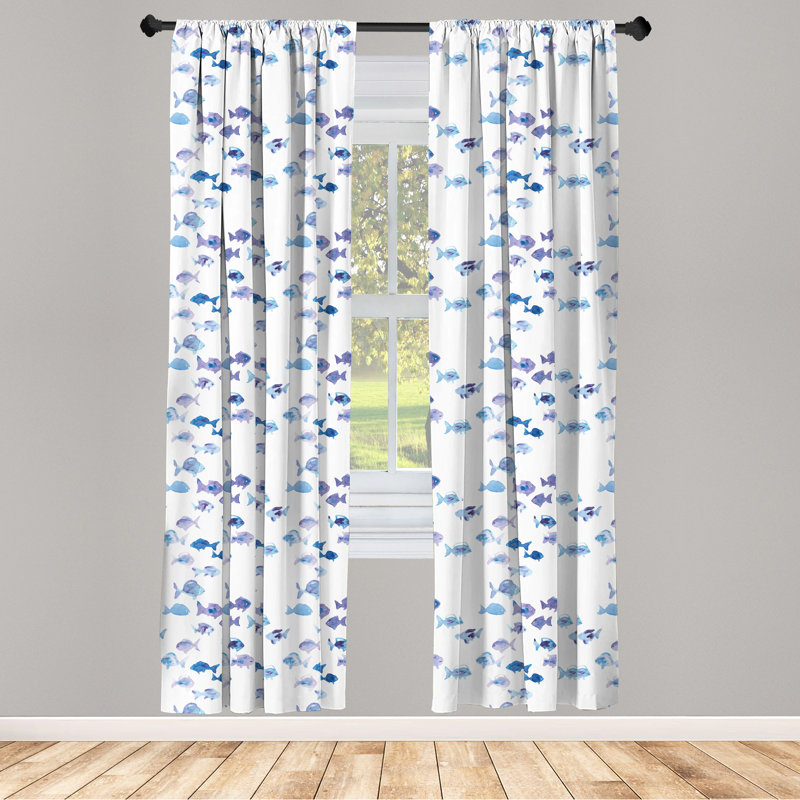 White and Blue Fish Pattern Polyester Room-Darkening Curtain Panels