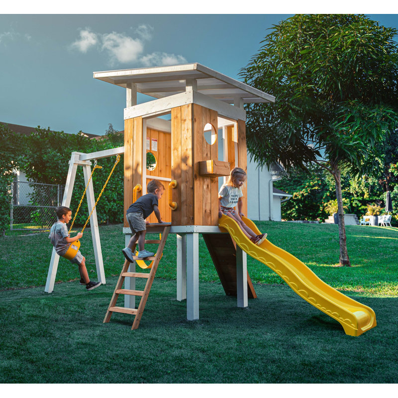 Avenlur Modern Pine Wood Outdoor Swing Set with Slide and Swings