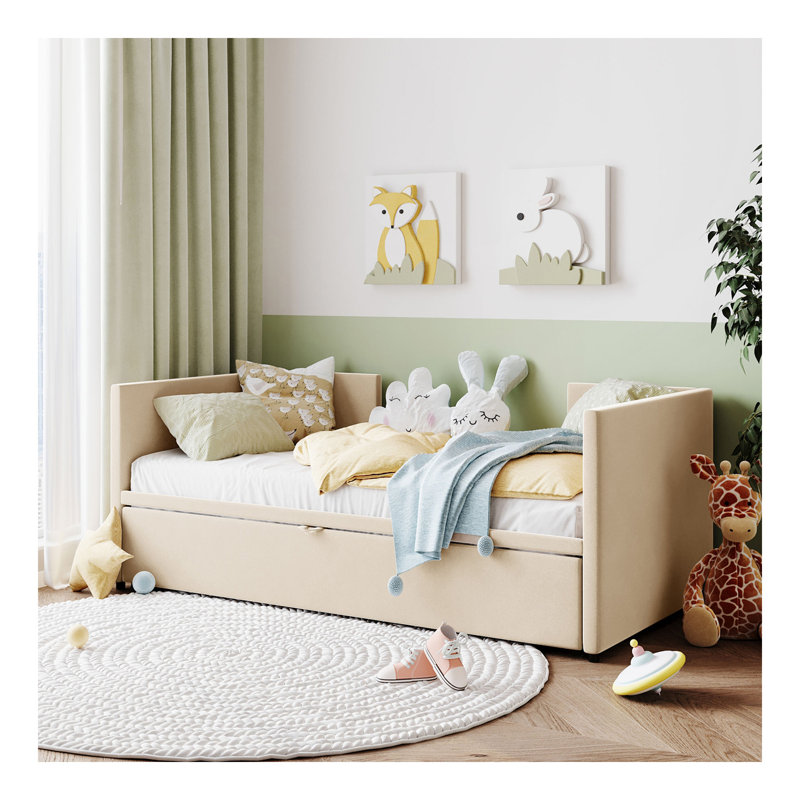 Lit de jour simple tapissier avec couchette escamotable, beige, Beige