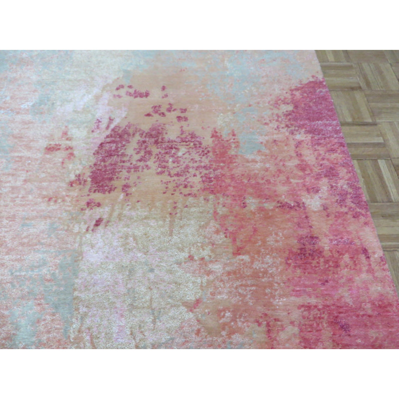 Tapis unique en laine noué à la main gris / rose 7 pi 11 po x 10 pi Cecilia