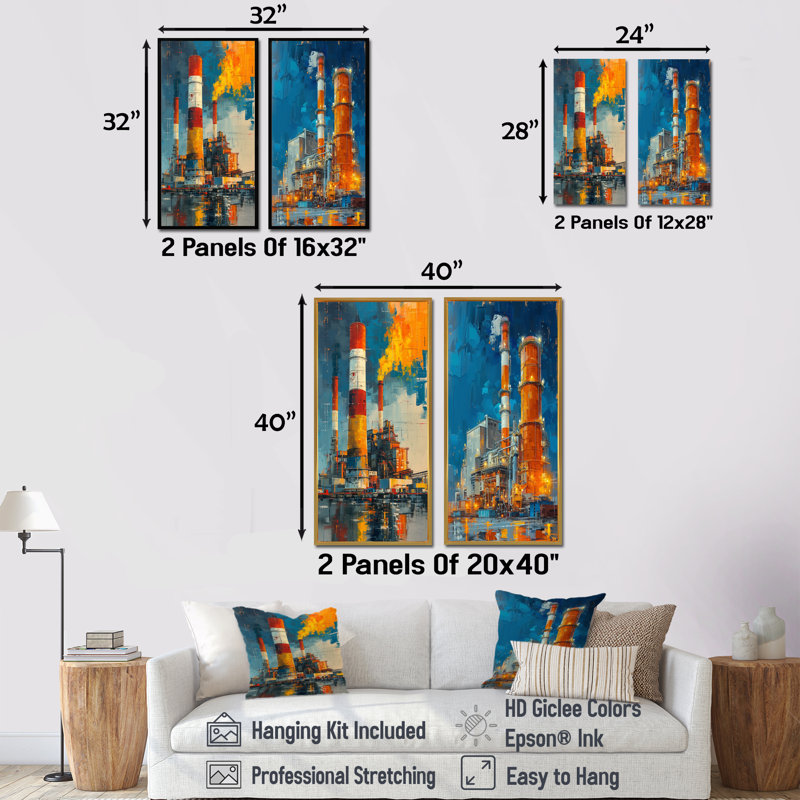 Ensemble de 2 pièces d'art orange et bleu Power Plant I - Power Plants, H 32 po x l 32 po, Toile tendue sur cadre