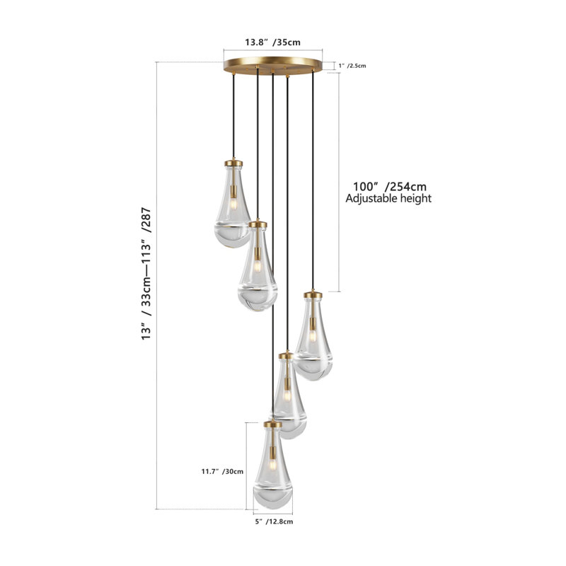 Luminaire suspendu en verre épais 5 lumières Raindrop, 5 lumières, Doré