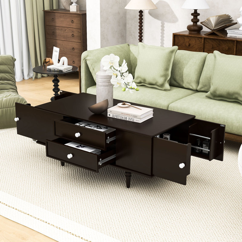 Table basse moderne avec tiroirs, tablettes cachées, Brun