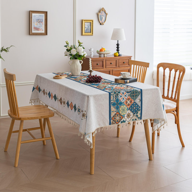  Nappe imprimée à la main pour tables carrées, housse de table géométrique Boho avec bords frangés, nappe décorative pour la cuisine et la salle à manger, 59 po x 59 po