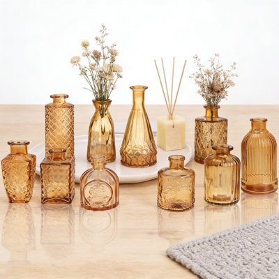 Amber Gold Glass Bud Vase Set Of 12, Small Vintage Decorative Vases For Wedding Centerpieces And Home Table Decor With Etched Patterns