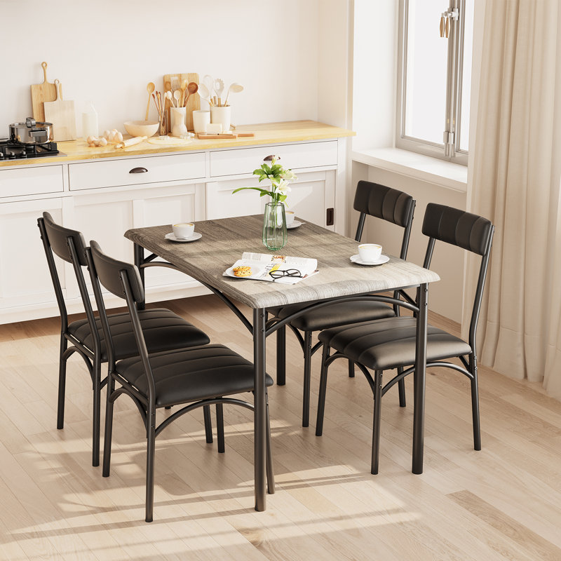 Ensemble de table de salle à manger gris pour 4 tables de cuisine rectangulaires avec 4 chaises rembourrées Ensemble de table de salle à manger 5 pièces pour appartement, studio, petit espace, robuste et peu encombrant