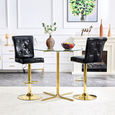 Ensemble de table de bar et de tabourets Modern, table de pub ronde en verre avec base en chrome doré et 2 tabourets de bar en cuir de polyuréthane gaufré crocodile noir avec hauteur réglable et pivotant, ensemble bistro Home Bar