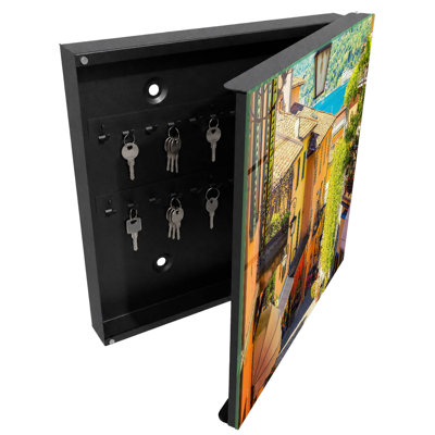 Decorative key box for wall, Opens to the right, 30x30x5, White, A charming street with colorful houses, 
