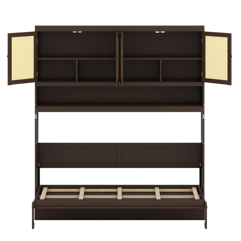 Lit mural pliable avec armoire, lampe de lecture intégrée et deux prises USB, Espresso