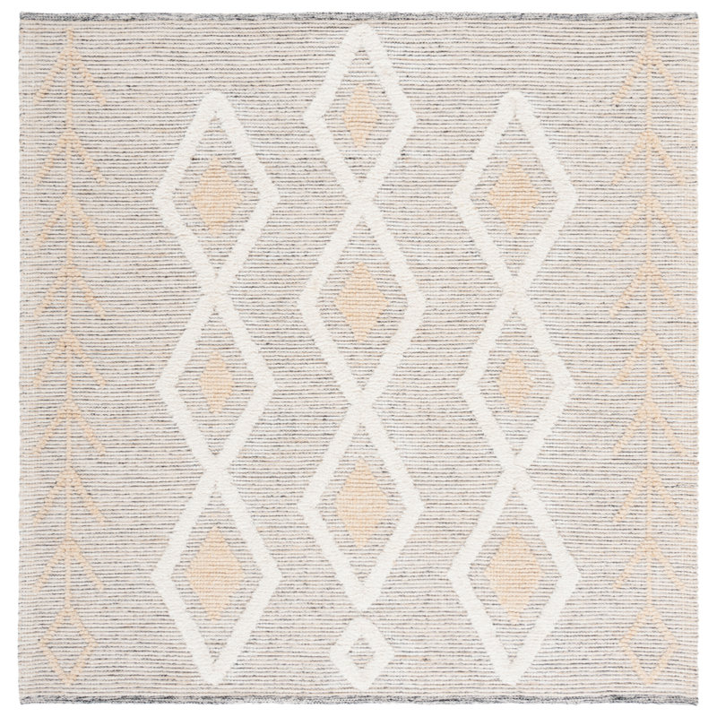 Vermont Hand Loomed Wool/Cotton Southwestern Rug in Ivory/Beige/Gray, Square 6'