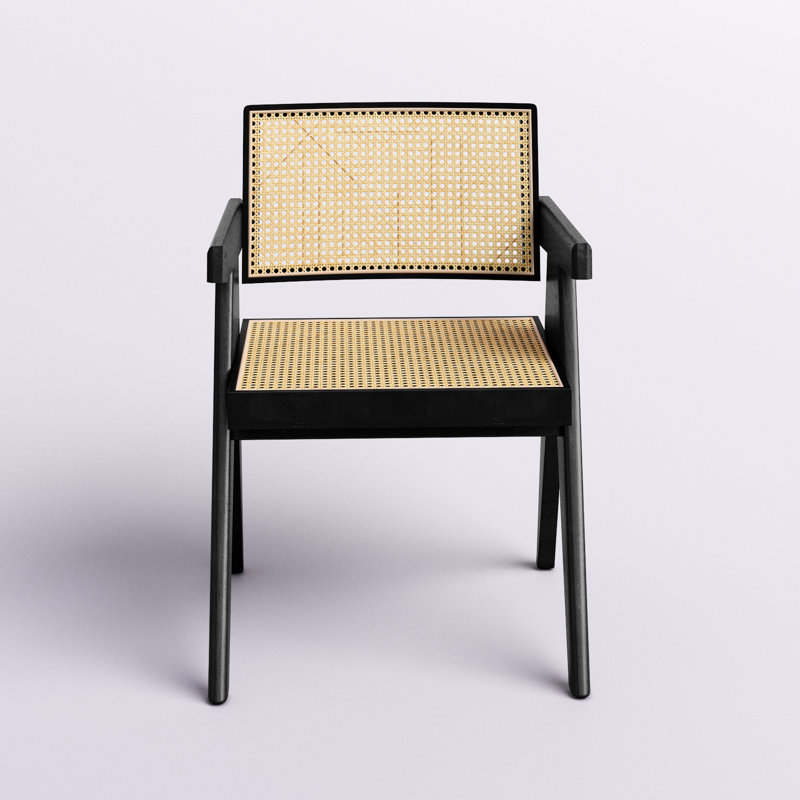 Eveleth Rattan Dining Chair with Solid Wood Frame, Black
