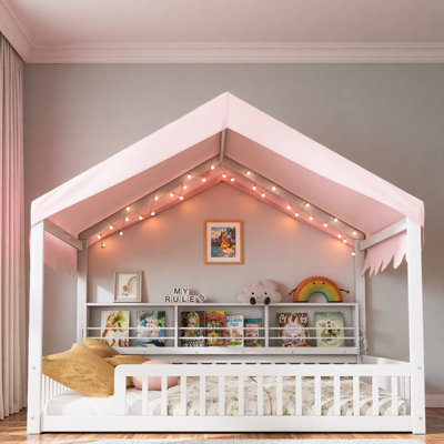 Lit en bois avec auvent, 3 étagères de rangement et lumière DEL