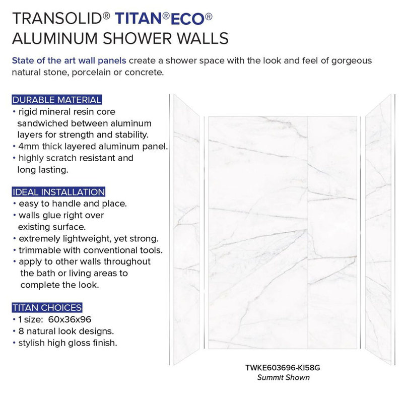 Glossy White Marble 60'' x 36'' x 96'' Shower Wall Kit