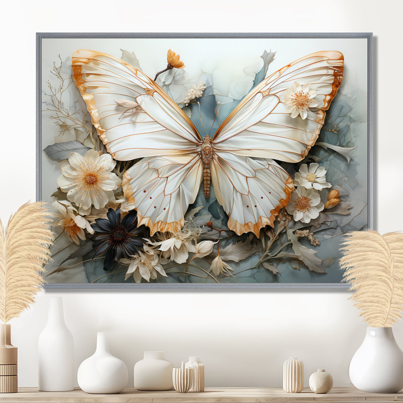 «Bisson White Gray Butterfly», reproduction sur toile encadrée, Reproduction avec cadre flottant, H 24 po x l 32 po