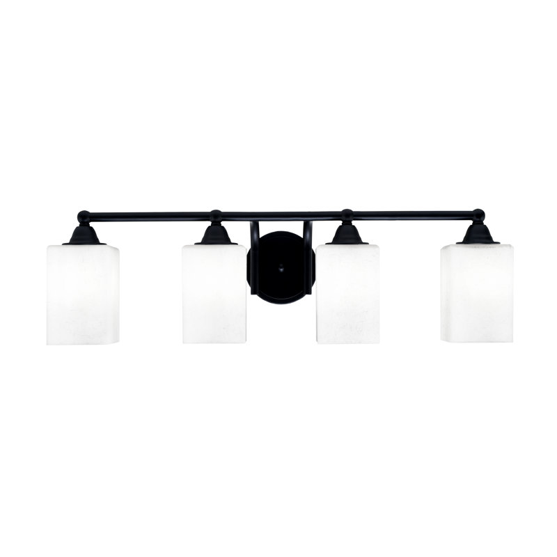 Barre d'éclairage de salle de bain 4 lumières Paramount avec fini noir mat et verre mousseline carré 4 po