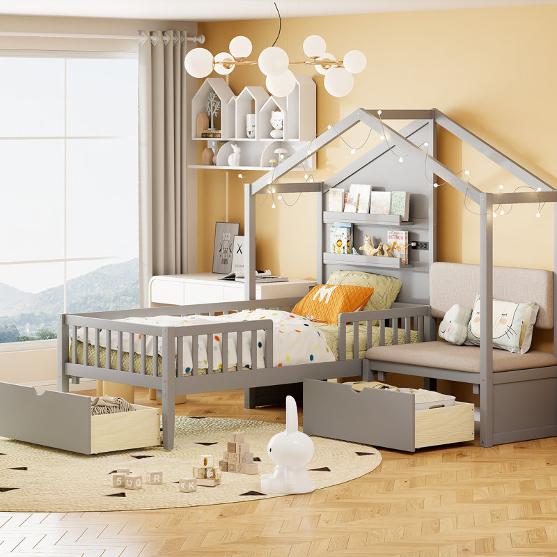 Gray Twin House Bed With Upholstered , Next-Gen Wireless Charging Station, And Functional Shelves Drawers For Storage Efficient Charging, Versatile Options