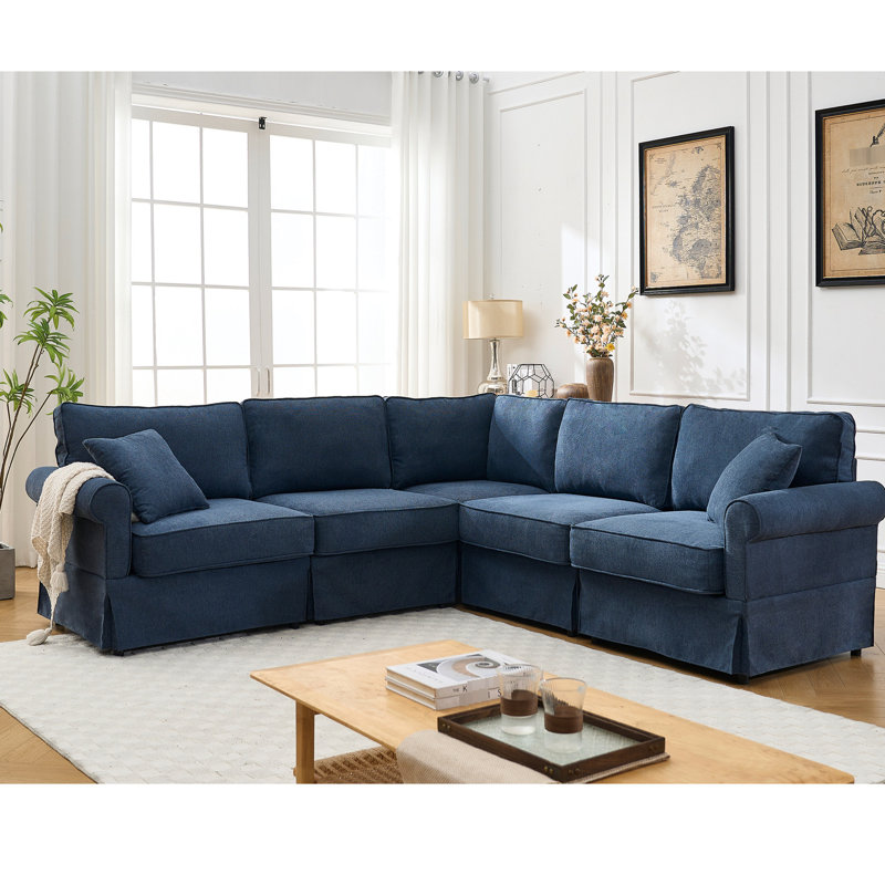 Canapé modulaire en L 5 places avec dossier rembourré et rembourrage en mousse bleu foncé, Bleu très foncé