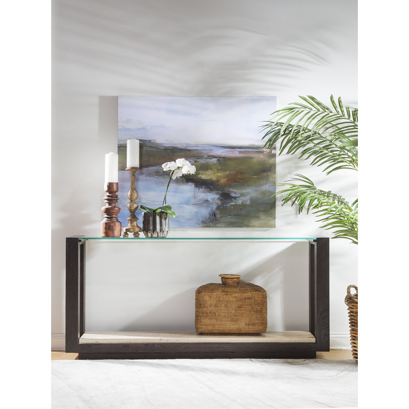 Contemporary Mocha Brown Oak & Glass Console Table with Travertine Shelf