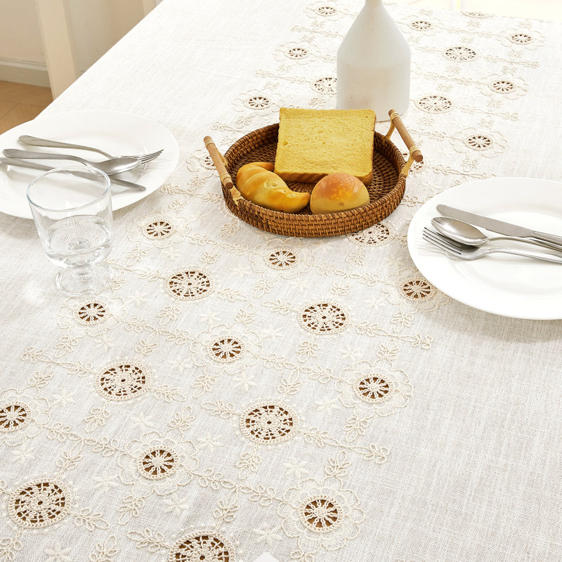 Linen-Like Tablecloth with Sunflower Embroidery & Cutout Design, 78" Rectangle